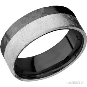 Black Zirconium flat band with an edge meteorite inlay Hammered Finish- 8MM - Larson Jewelers