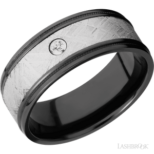 Black Zirconium flat band with milgrained grooved edges, a meteorite inlay and a diamond bezel set - 9MM - Larson Jewelers