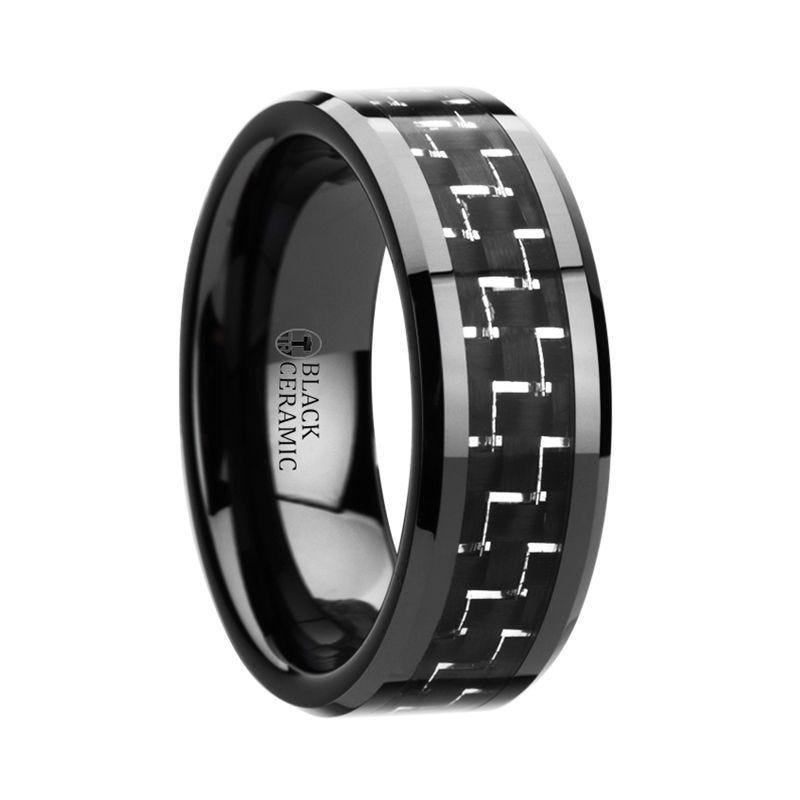 TITAN Black Beveled Ceramic Ring with Silver & Black Carbon Fiber